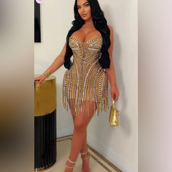 Gold chain jeweled dress - Picture 2 of 10